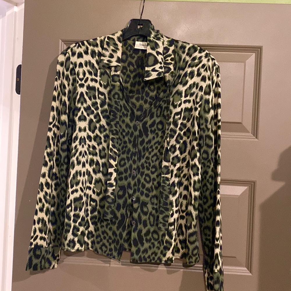 Beautiful green black and gray leopard print Silk shirt with bow
